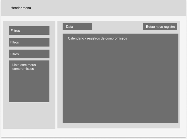 Wireframe calendário — visualização de compromissos com sidebar