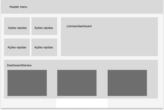 Wireframe da home — dashboard com ações rápidas e listview